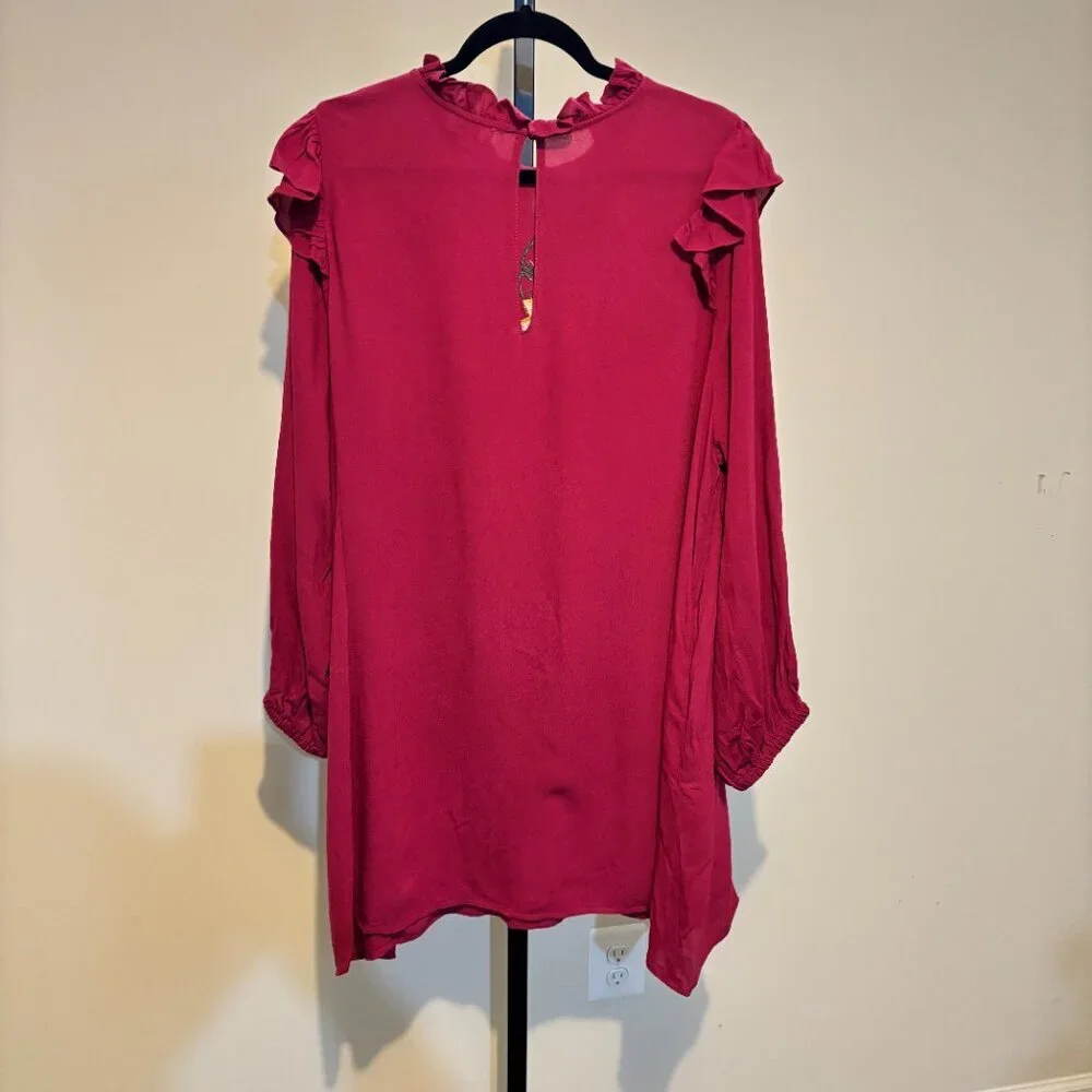 Umgee Burgundy Red Sequin Embroidered Floral Sequin Bird Long Sleeve Dress - Picture 9 of 10